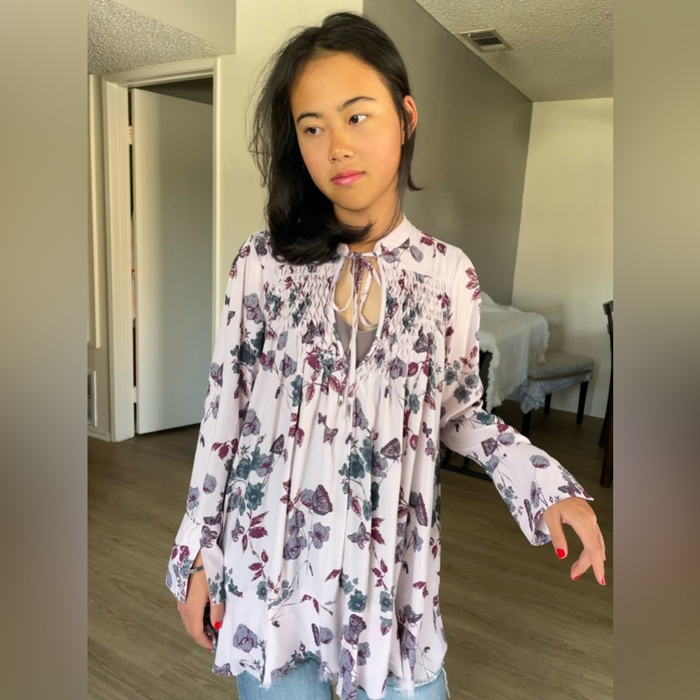 Free People pebble crepe so fine pink rose tunic top oversized y2k cottage XS